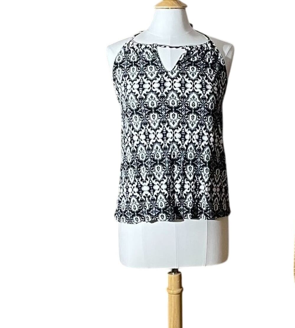 Lascana Black White Allover Print Halter Top, Boho, Beachy, Size 8/10